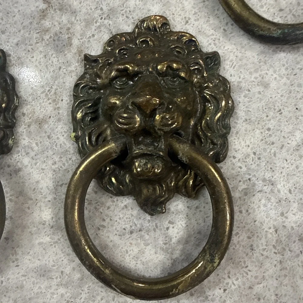 6 Vintage Brass Lion Head Dresser Chest Drawer Knob Cabinet Pull Patina 3D READ